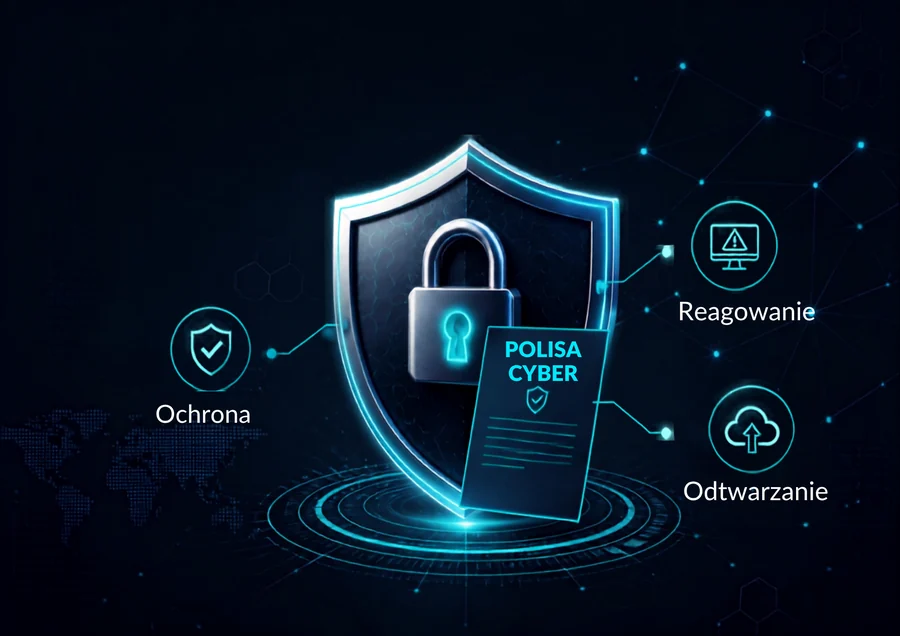 Tarcza z kłódką, polisa cyber i trzy filary ochrony: ochrona, reagowanie, odtwarzanie