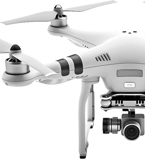 Biały dron z podwieszoną kamerą na gimbalu w zbliżeniu